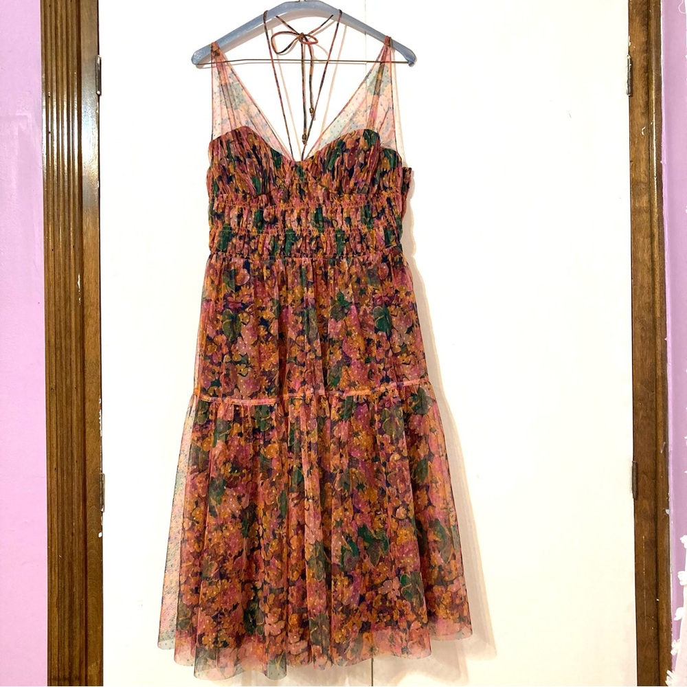 Antrhropologie Floral Midi Dress with Spaghetti Straps, Halter Ties, Pockets  Lg